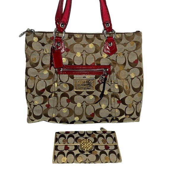 COACH 16289 Poppy Signature Sateen Lurex Glam Tote / FREE Matching Wallet